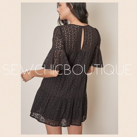 Black Mini Woven Eyelet Mini Ruffle Dress - Picture 5 of 5